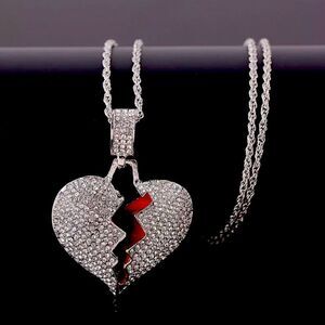 😊 Brand New  Iced Out Heart Broke Statement Pendant and Necklace Chain